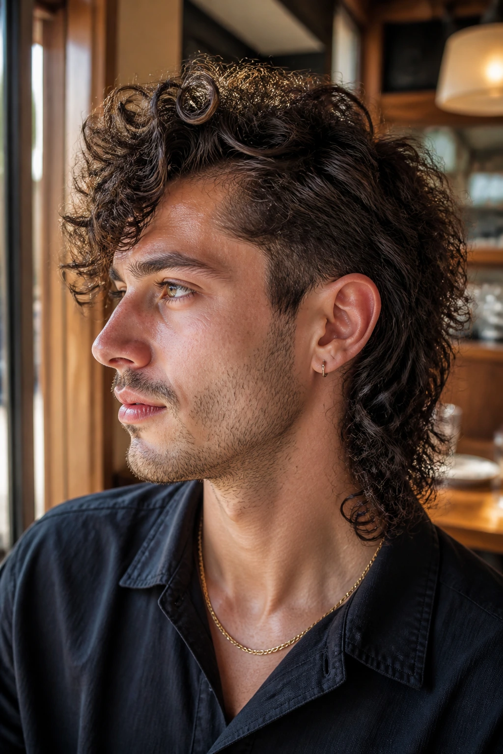 Close-up of a real person with a side-part curly mullet under warm light