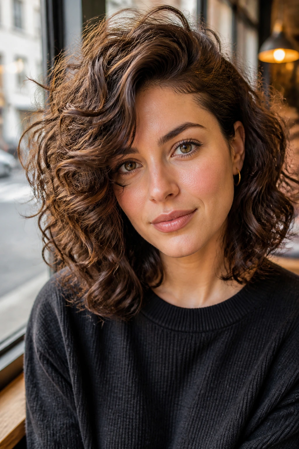 Close-up portrait of a real woman with a side-part curly shag in a cafe window setting