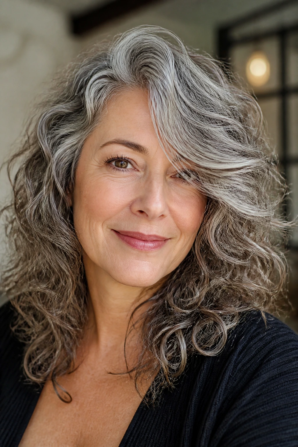 Portrait of a real woman with side-part curly shag and long swooping fringe