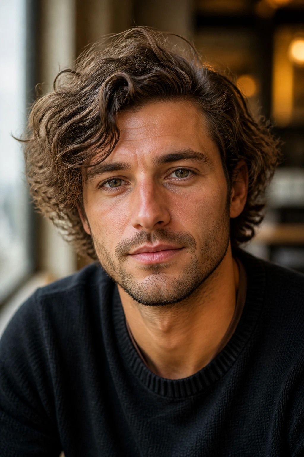 Portrait of a man with side-part curly shag in a warm-lit cafe