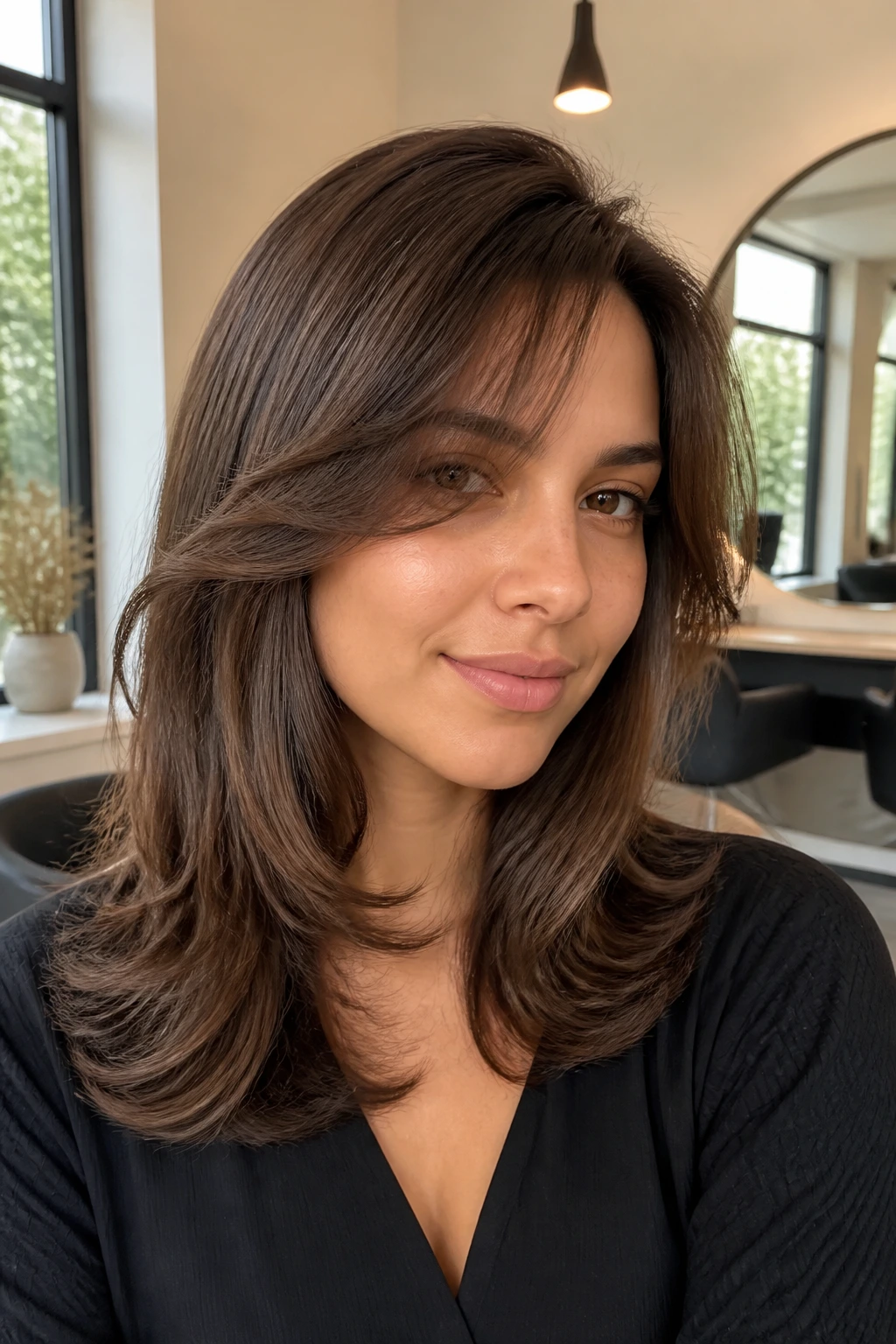 Portrait of a woman with side part and curtain bangs under a blowout bend
