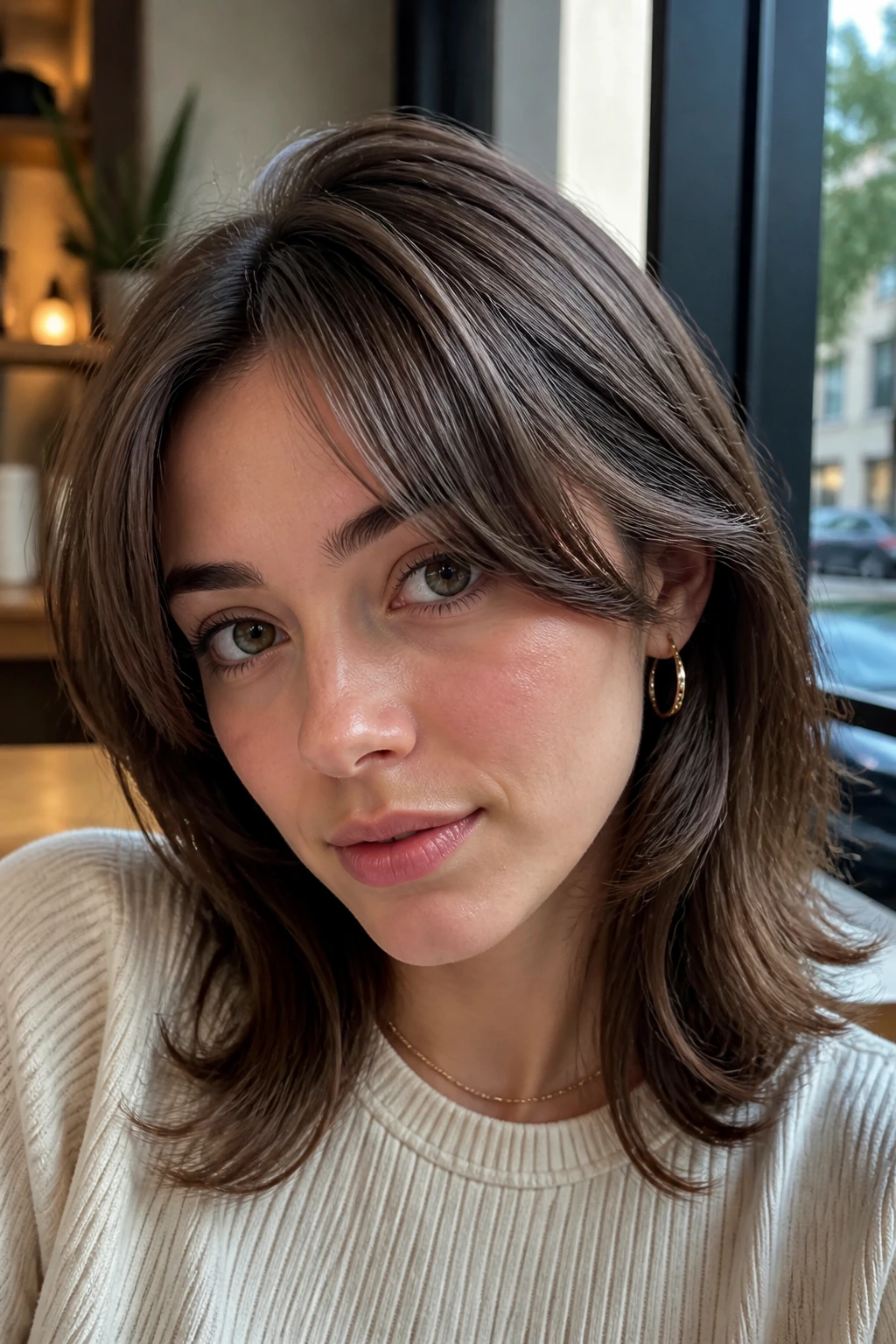 Close-up of a real person with side-part curtain bangs in a cafe window setting