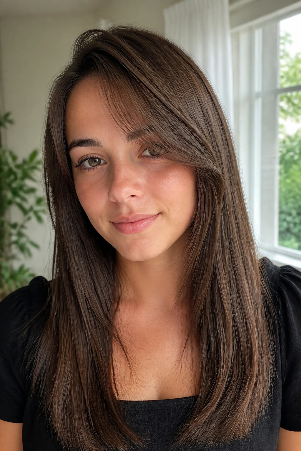 Close-up of a real woman with a side-part curtain fringe