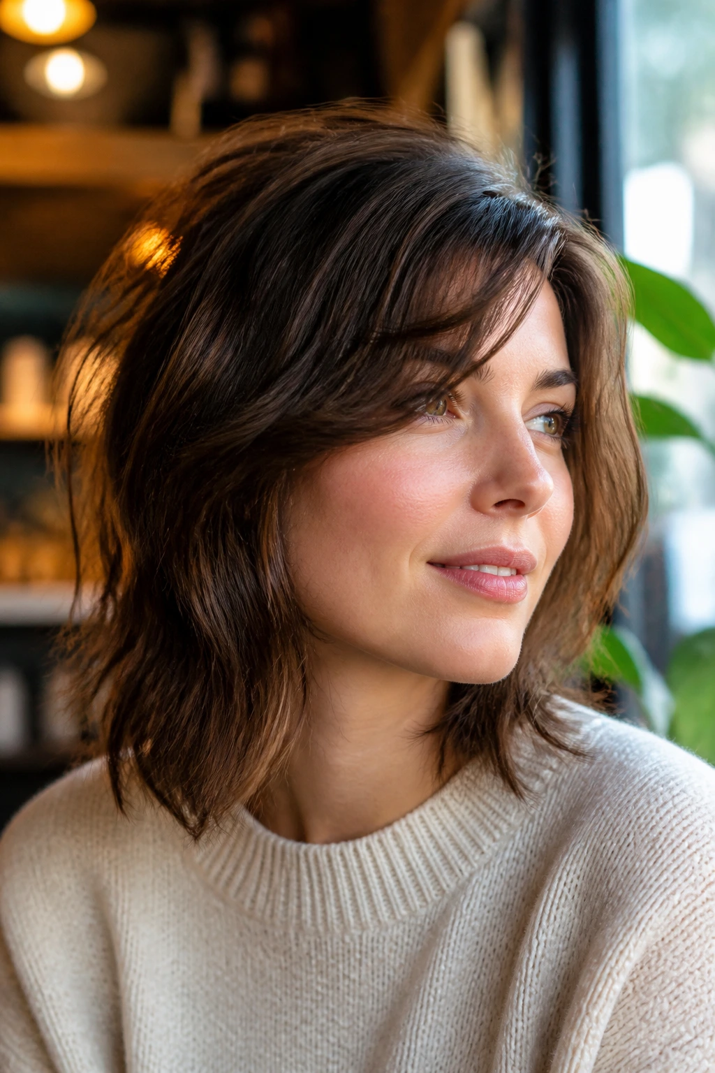 Close-up of side-part curtain shag on a real woman in a sunlit cafe