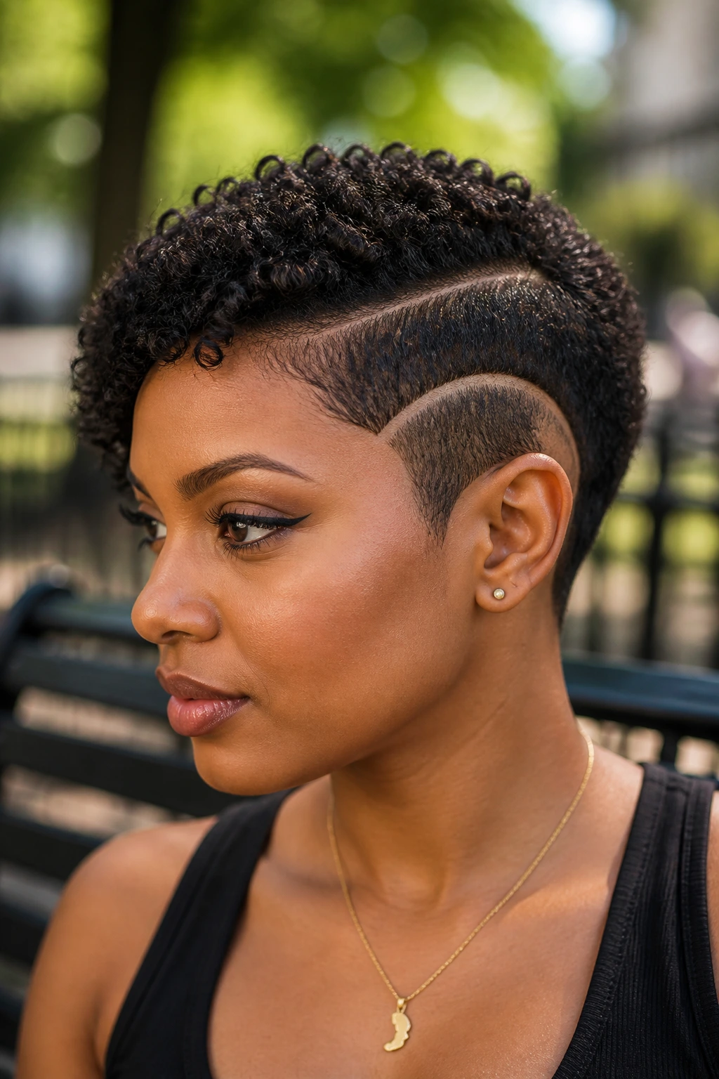 Real Black woman with side-parted crop and ear arch in daylight outdoors