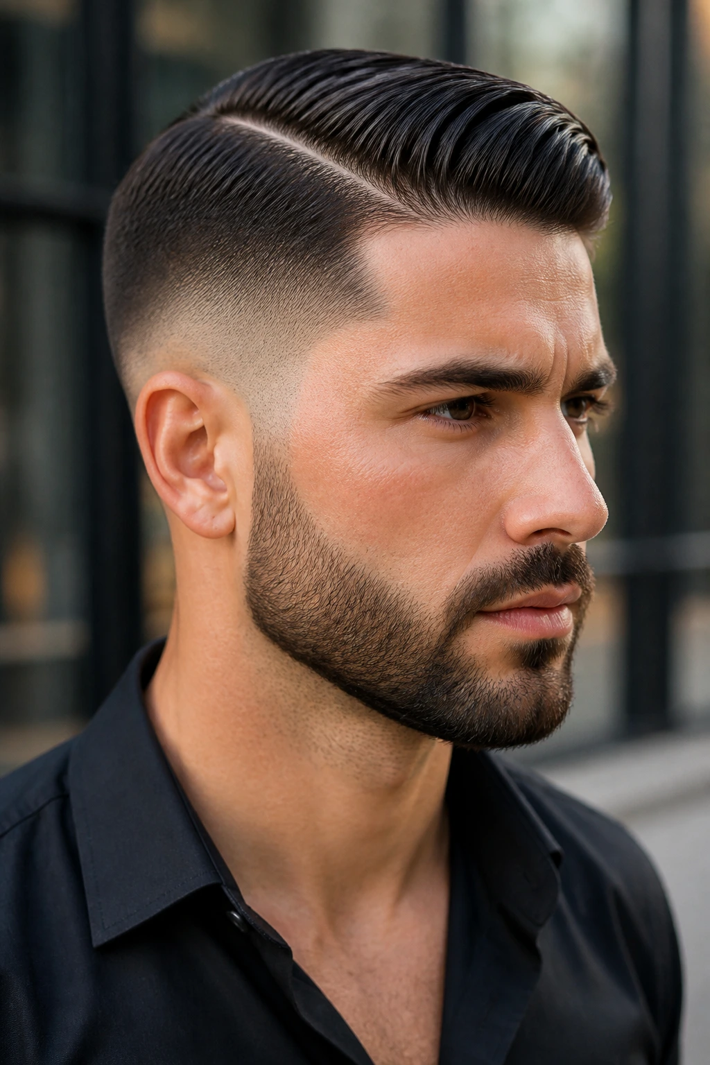 Close-up of a man with a slick side-part and beard blend