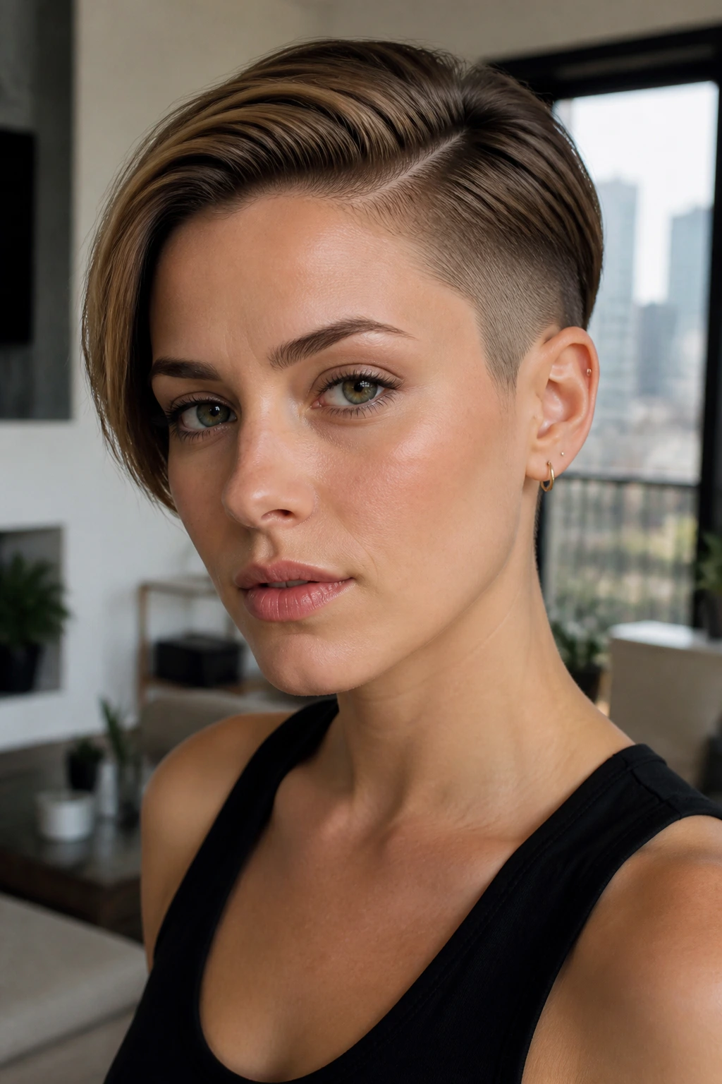 Close-up portrait of a person with a side-part fade and long crown