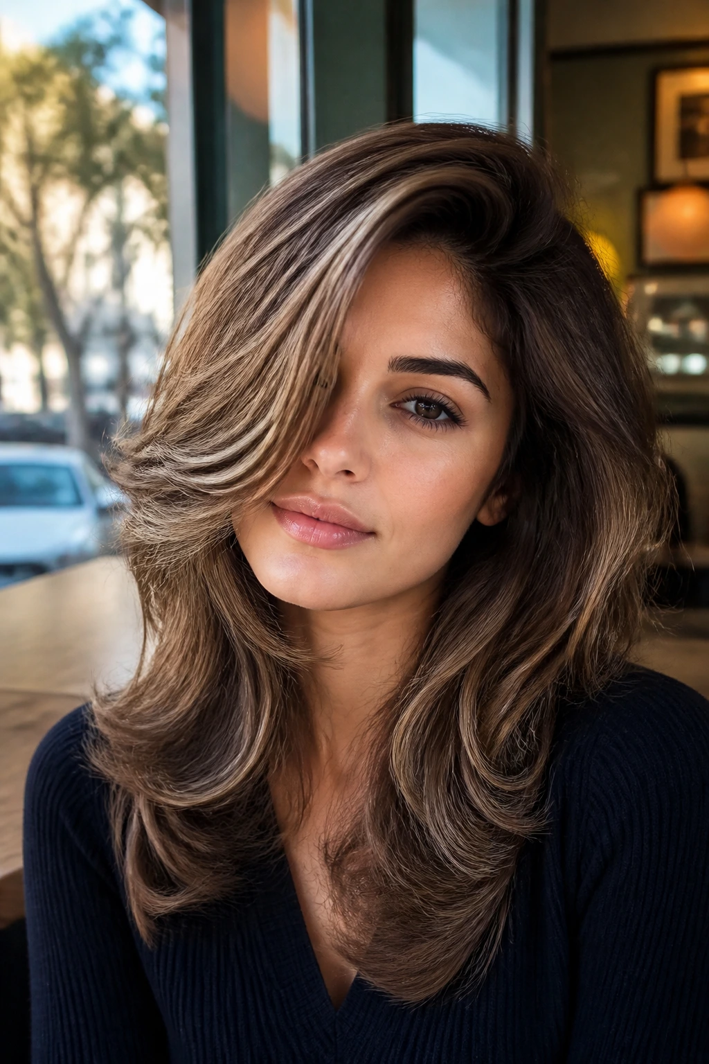 Real woman with a deep side-part feathered blowout in natural light.