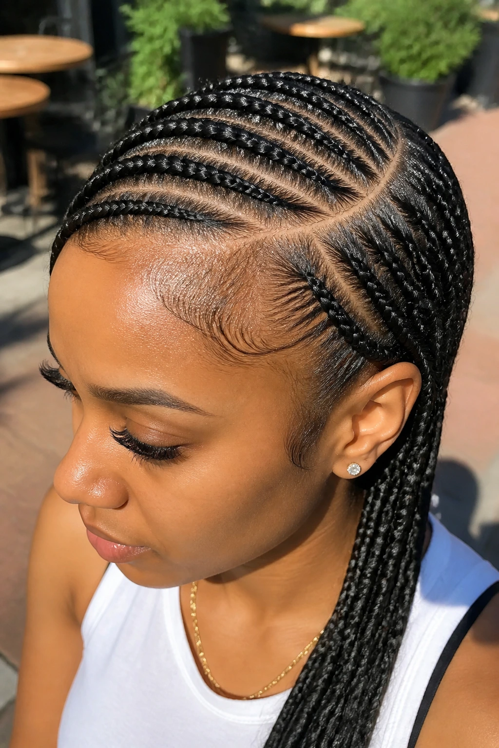 Real person with side-part feed-in braids sweeping across the scalp
