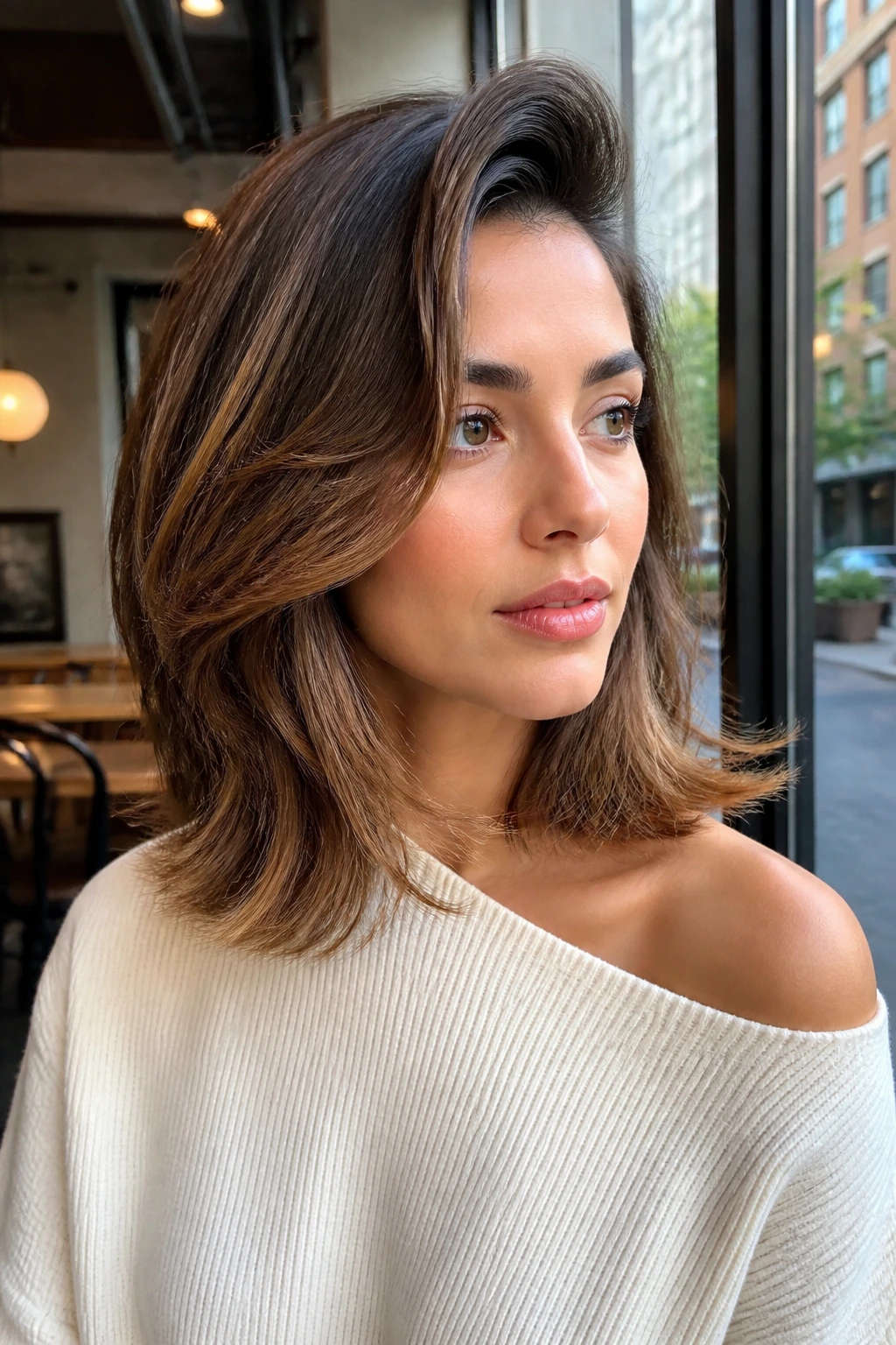 Real woman with Side-Part Flip Cut under cafe light