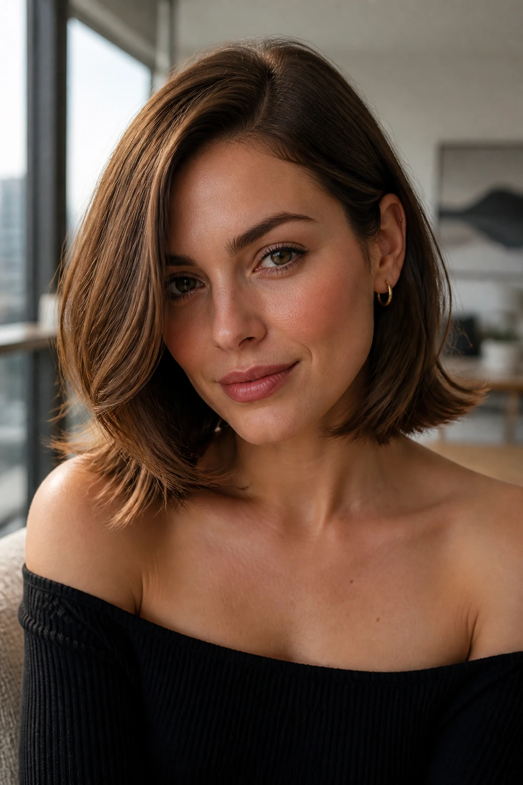 Close-up of a woman with a flipped-end lob and side part in a cozy apartment