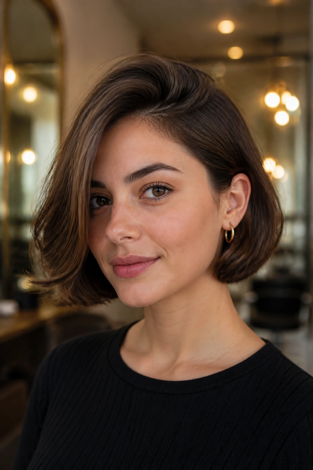 Close-up of a real woman with side-part French bob in warm salon light