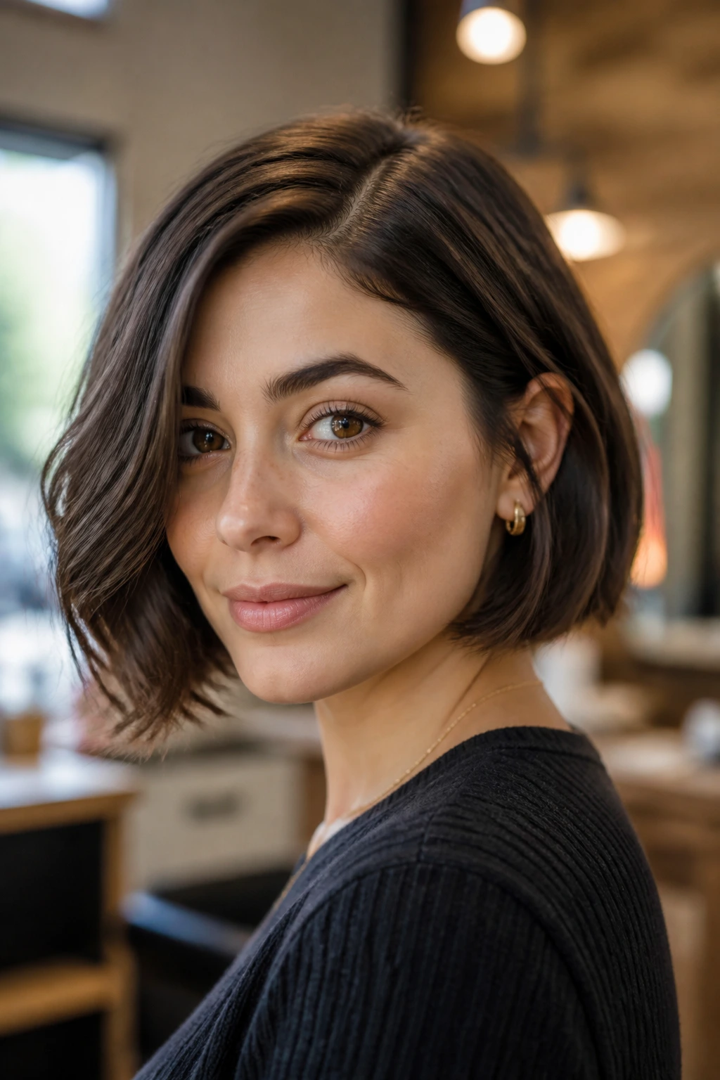 Close-up portrait of a real woman with a side-part French bob, jaw-length with gentle inward bend