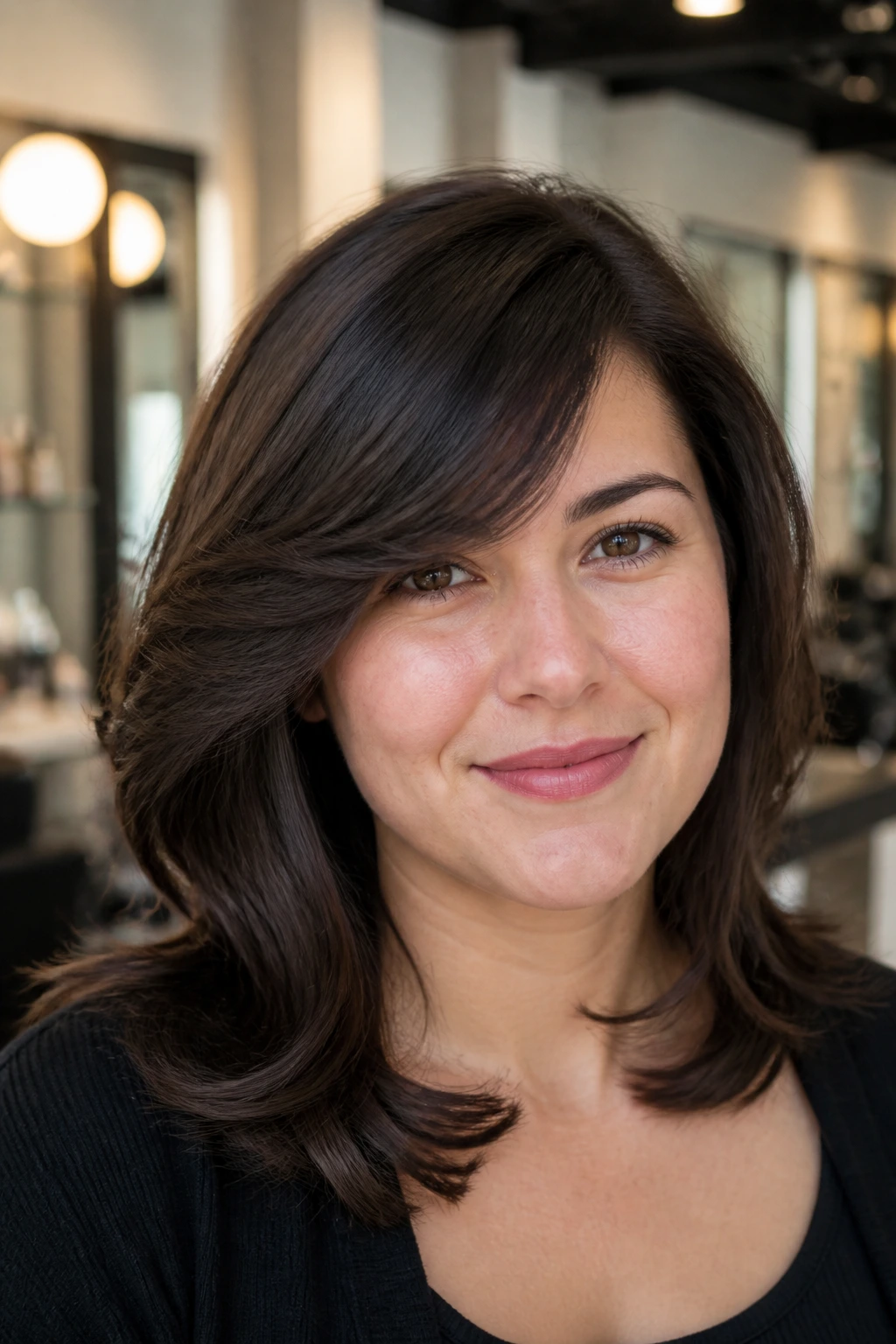Close-up portrait of a real woman with a deep side part and temple-swept fringe