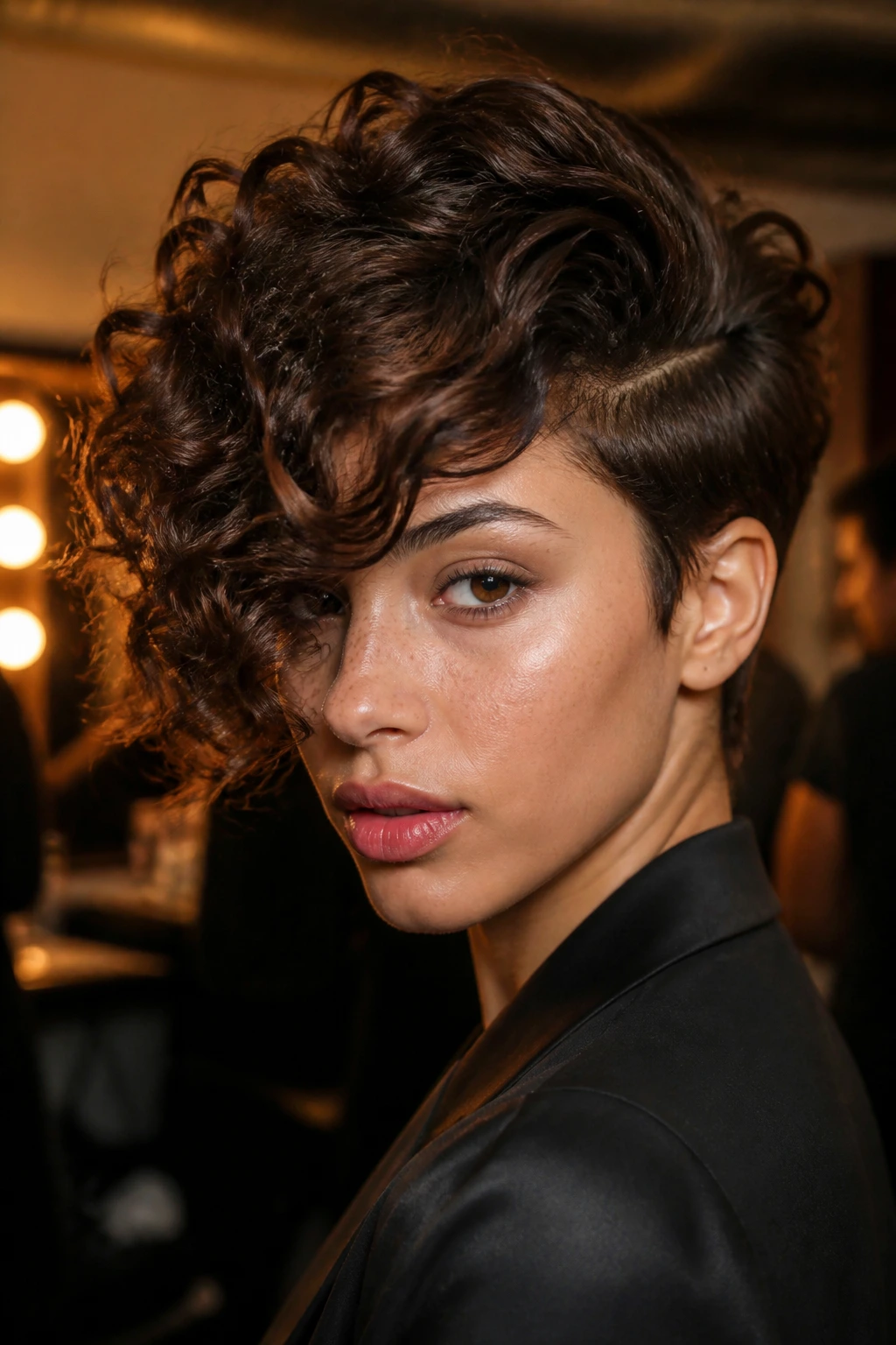 Close-up of real person with side-part glam pixie wolf hairstyle