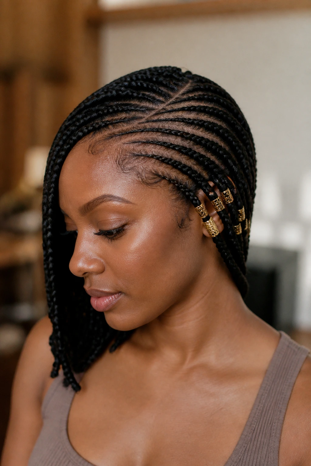 3/4 profile of side-swept tribal braids with gold bead accents