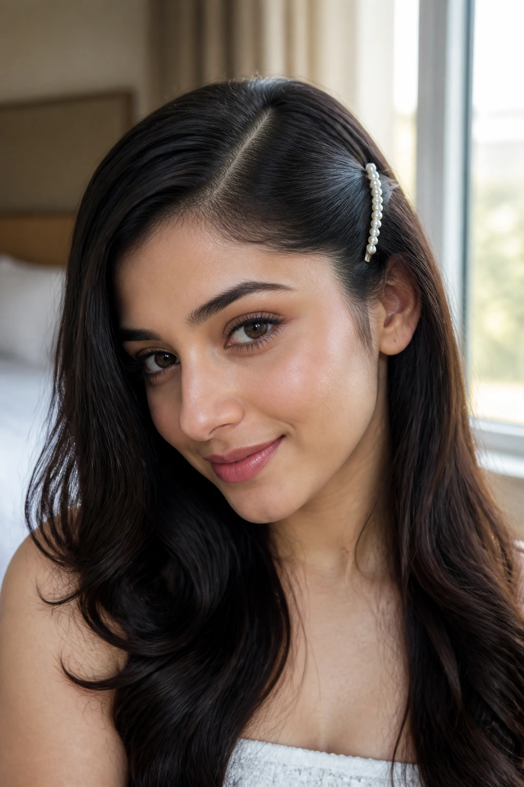 Close-up portrait of a real woman with side-parted hair pinned on one side in warm window light