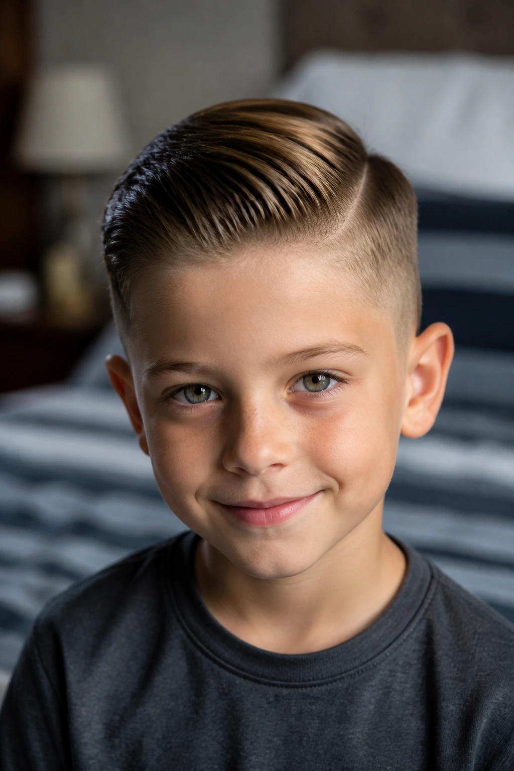 Close-up of a boy with a side-part hairstyle and subtle shine, in a softly lit bedroom