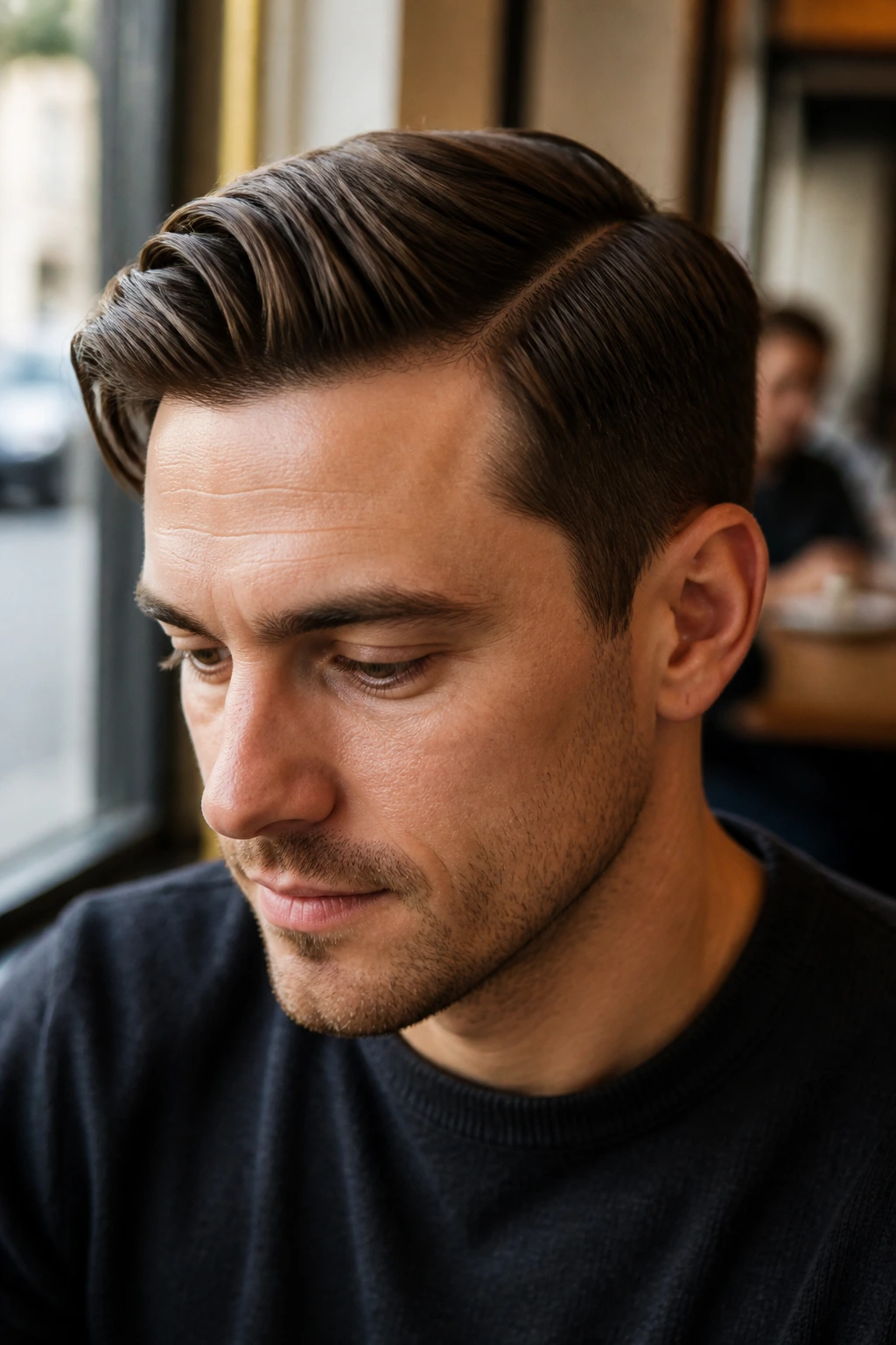 Close-up of man with classic side part hairstyle