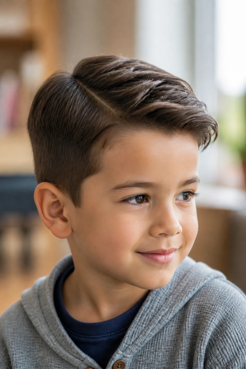 Boy with a side part and scissor-cut top hairstyle