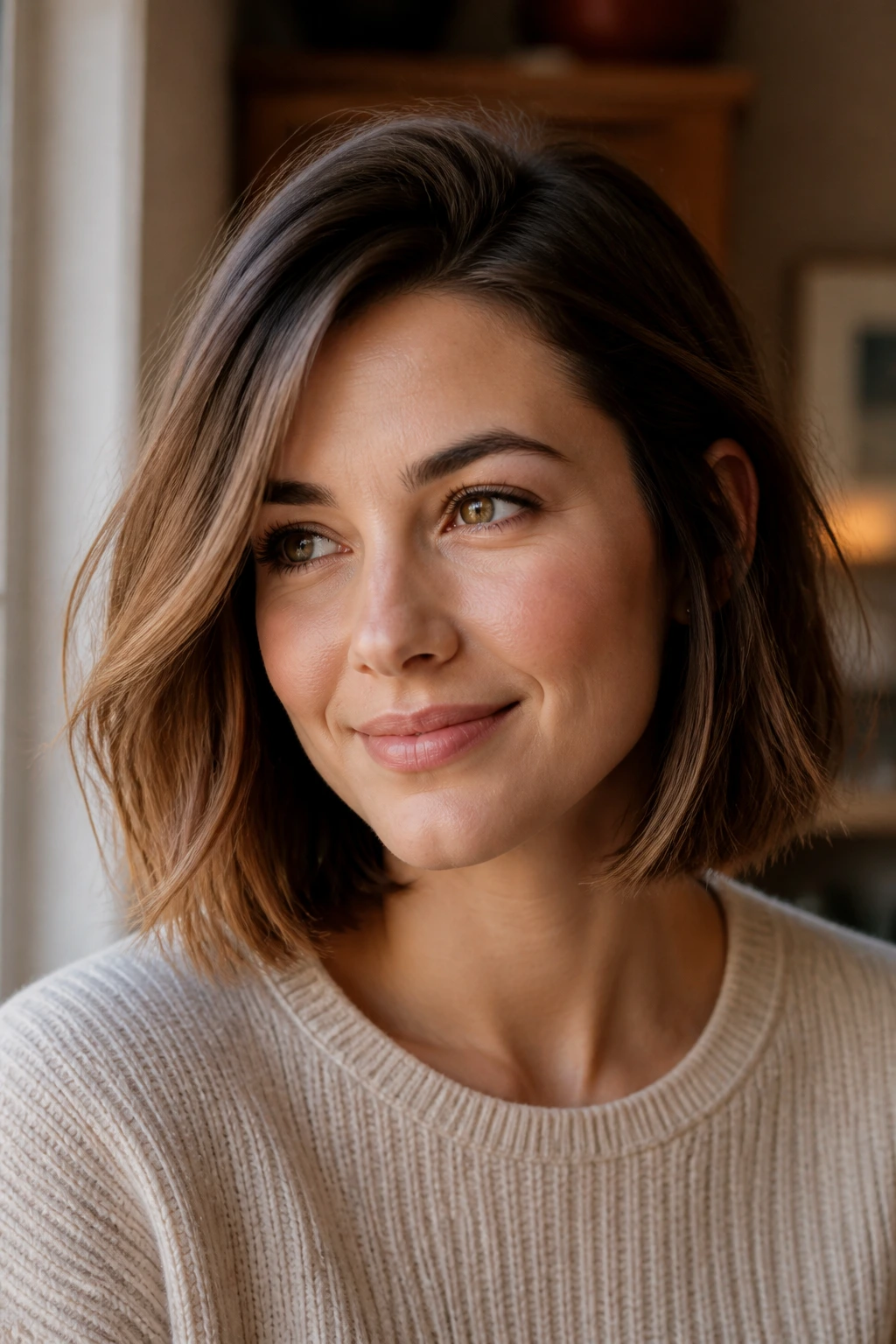 Close-up portrait of a real person with a soft side-part hairstyle and warm window light