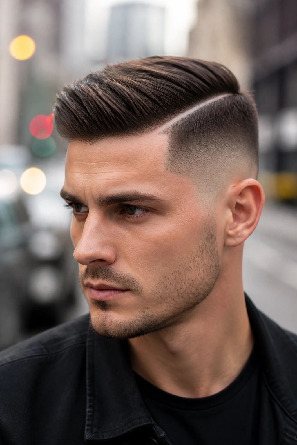 Portrait of a man with a side part and hard line on a city street
