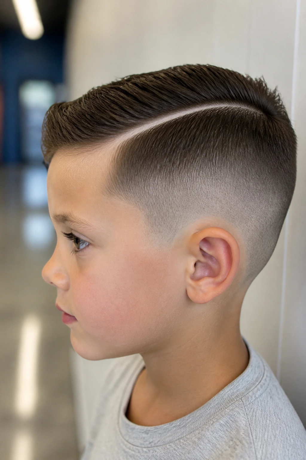 Side-profile of a boy with a hard-part shaved line and long top.