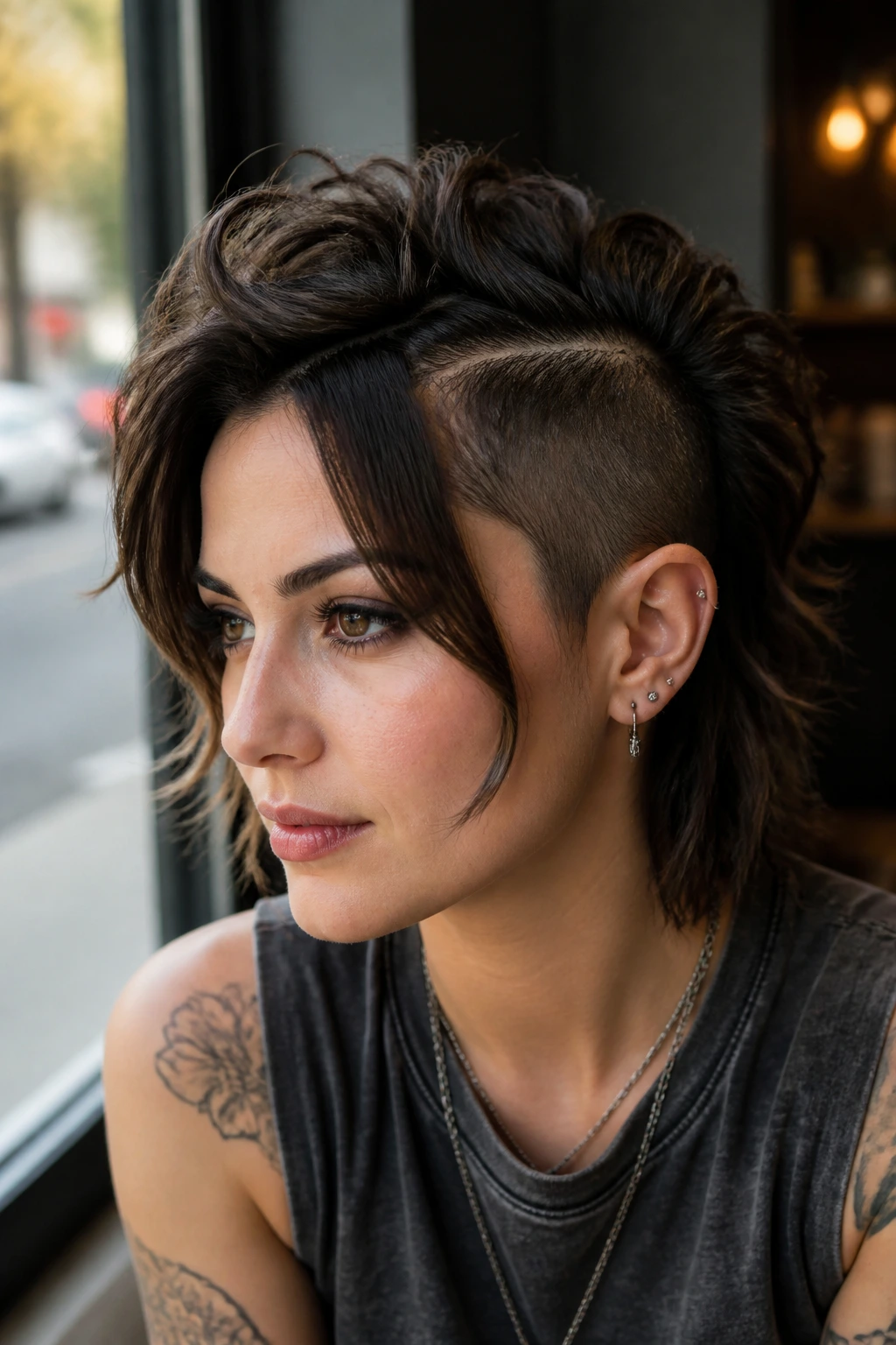 Close-up of a side-parted mohawk with curtain pieces framing the face