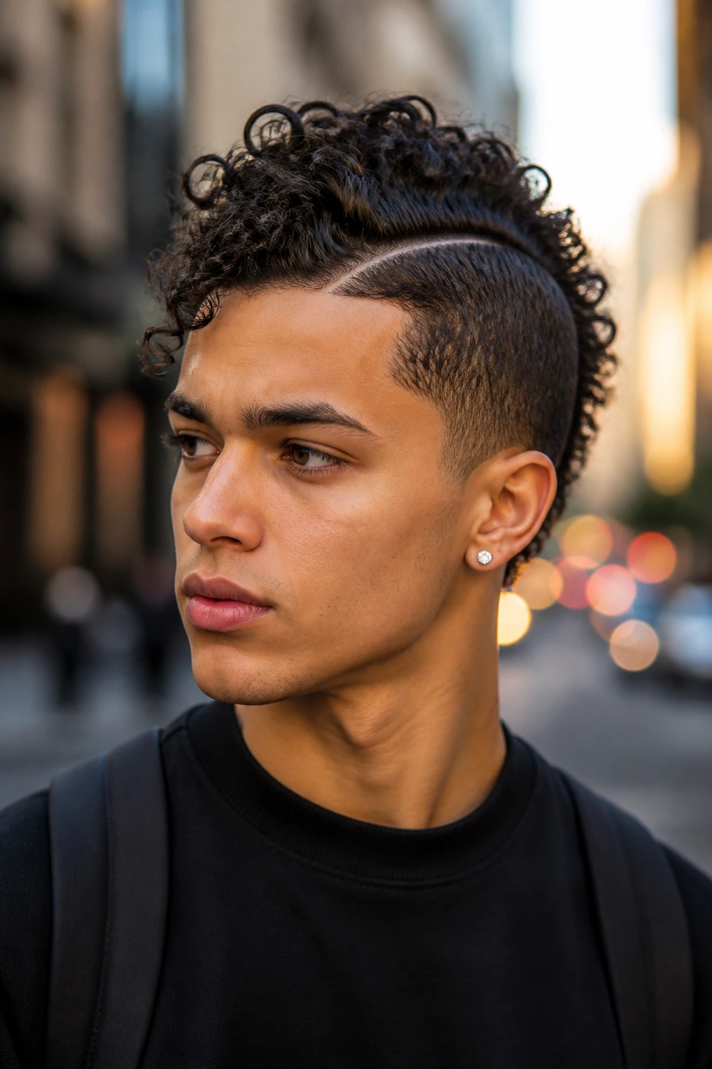 Close-up of Side-Part Hawk on a real person with diagonal part and off-axis center