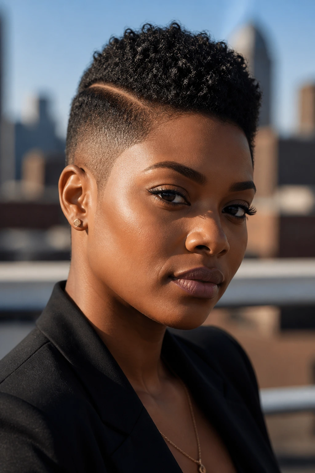 Close-up of a woman with side-parted tapered hawk on an urban rooftop