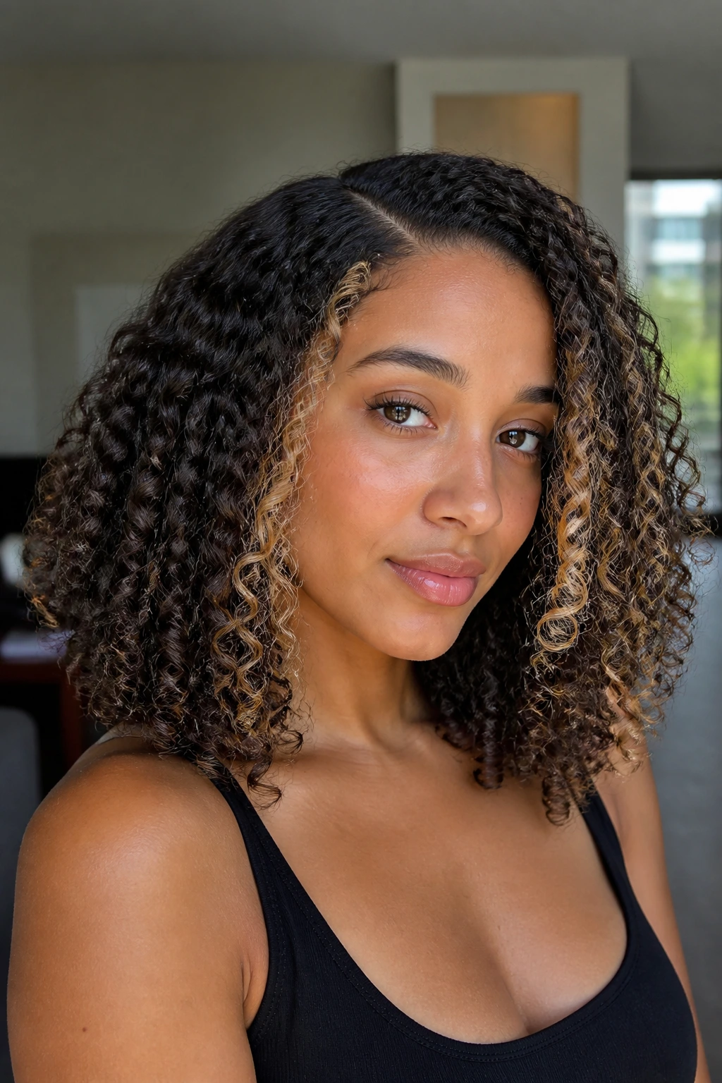 Close-up of a real woman with a side part and light face-framing highlights in shoulder-length curls.