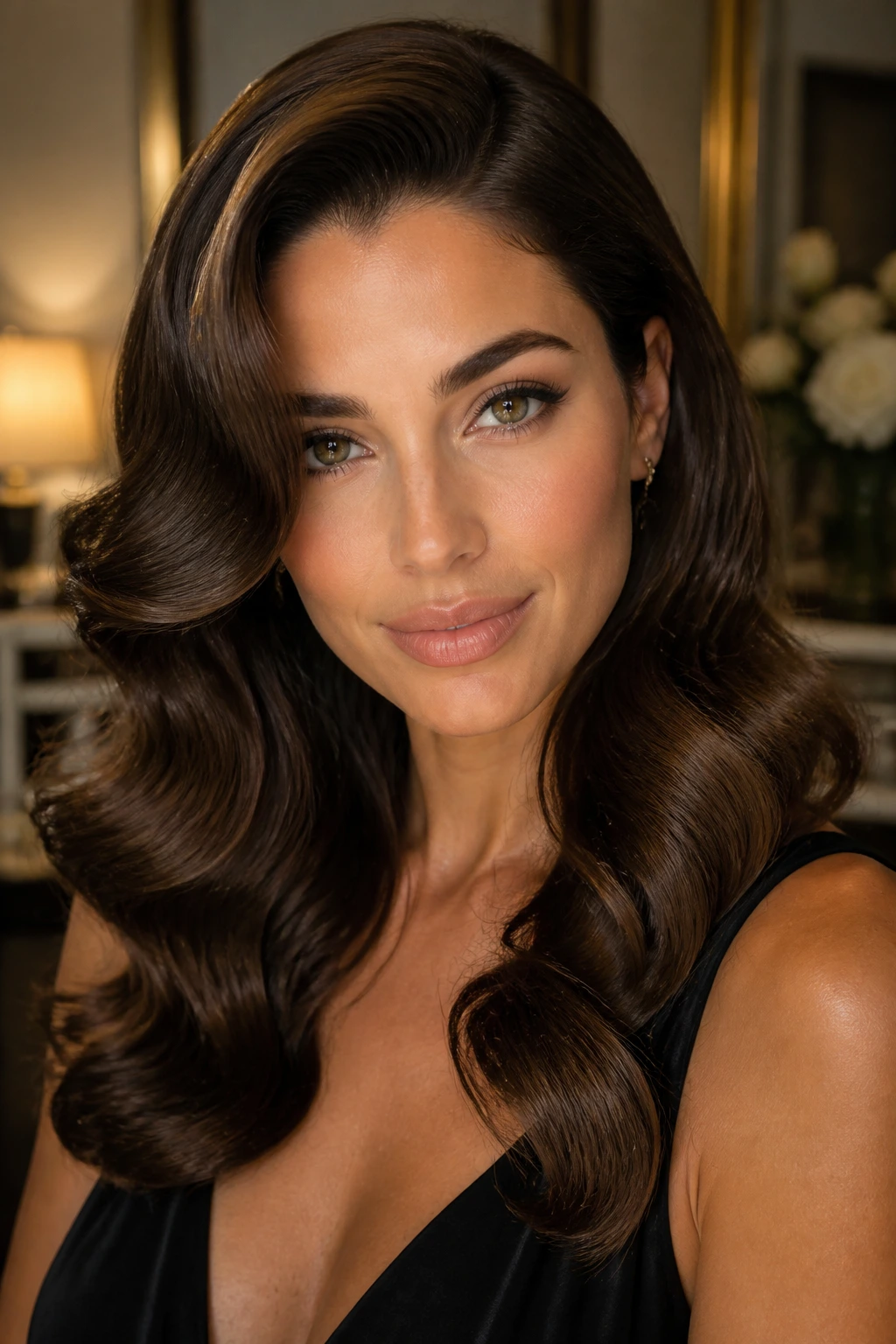 Close-up of a real woman with side-part Hollywood waves