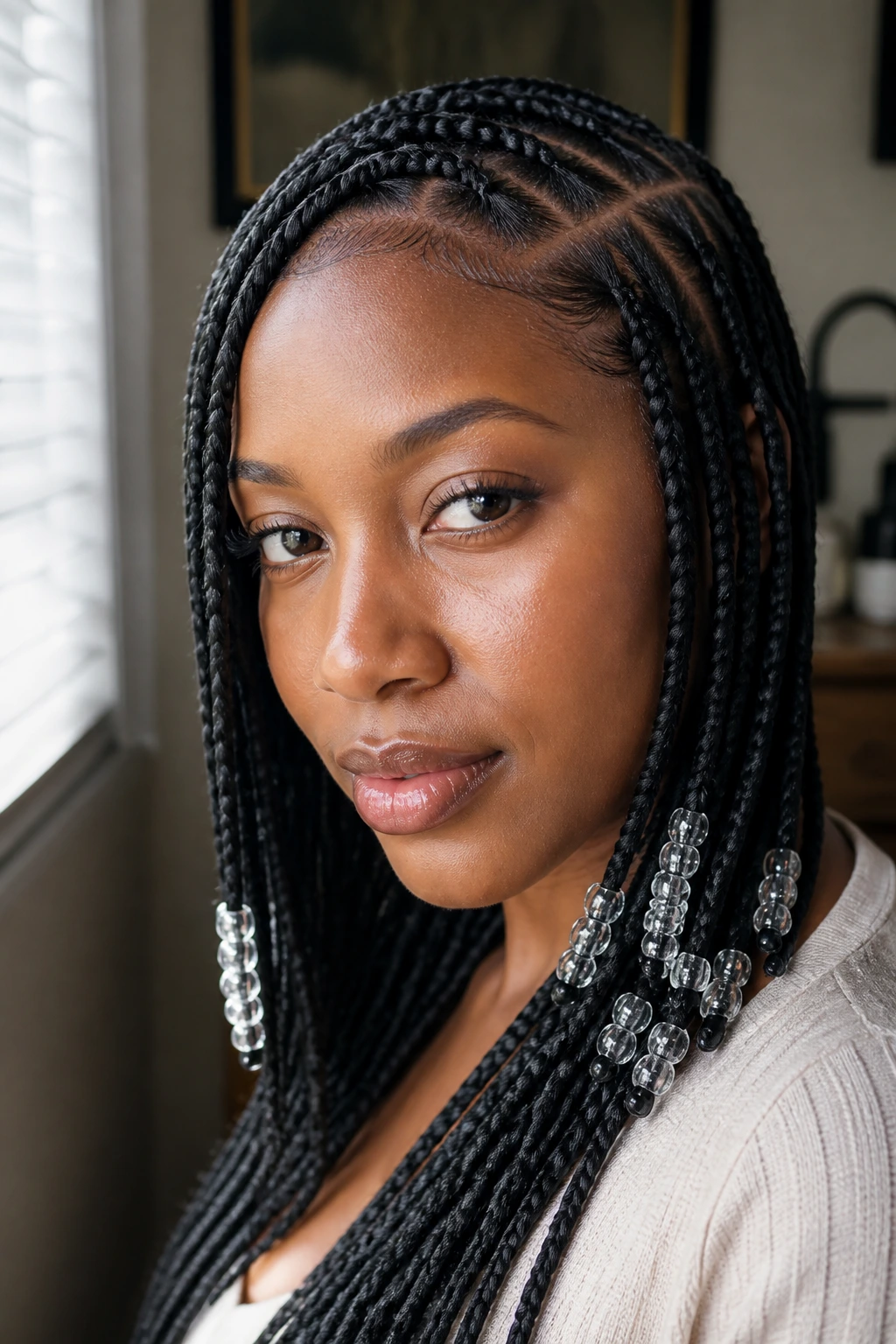 Side-part knotless braids framing the face in portrait
