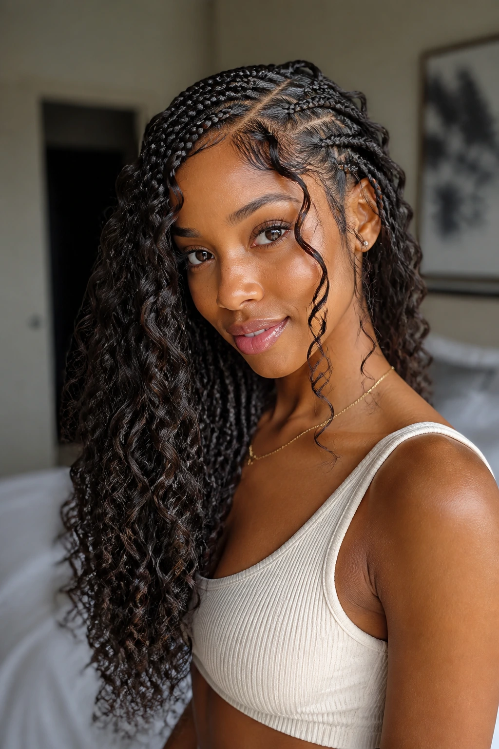 Side-part knotless braids with face-framing pieces on a real person
