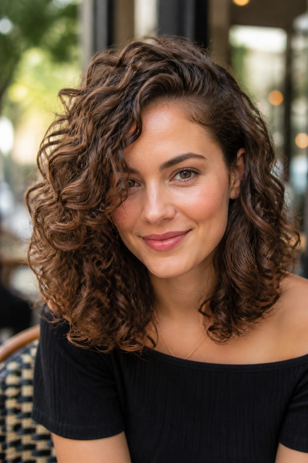 Close-up of a real woman with a deep side-part and layered curls