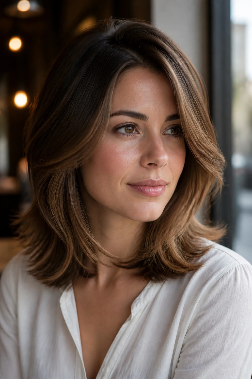 Close-up portrait of a real person with a side-parted layered haircut