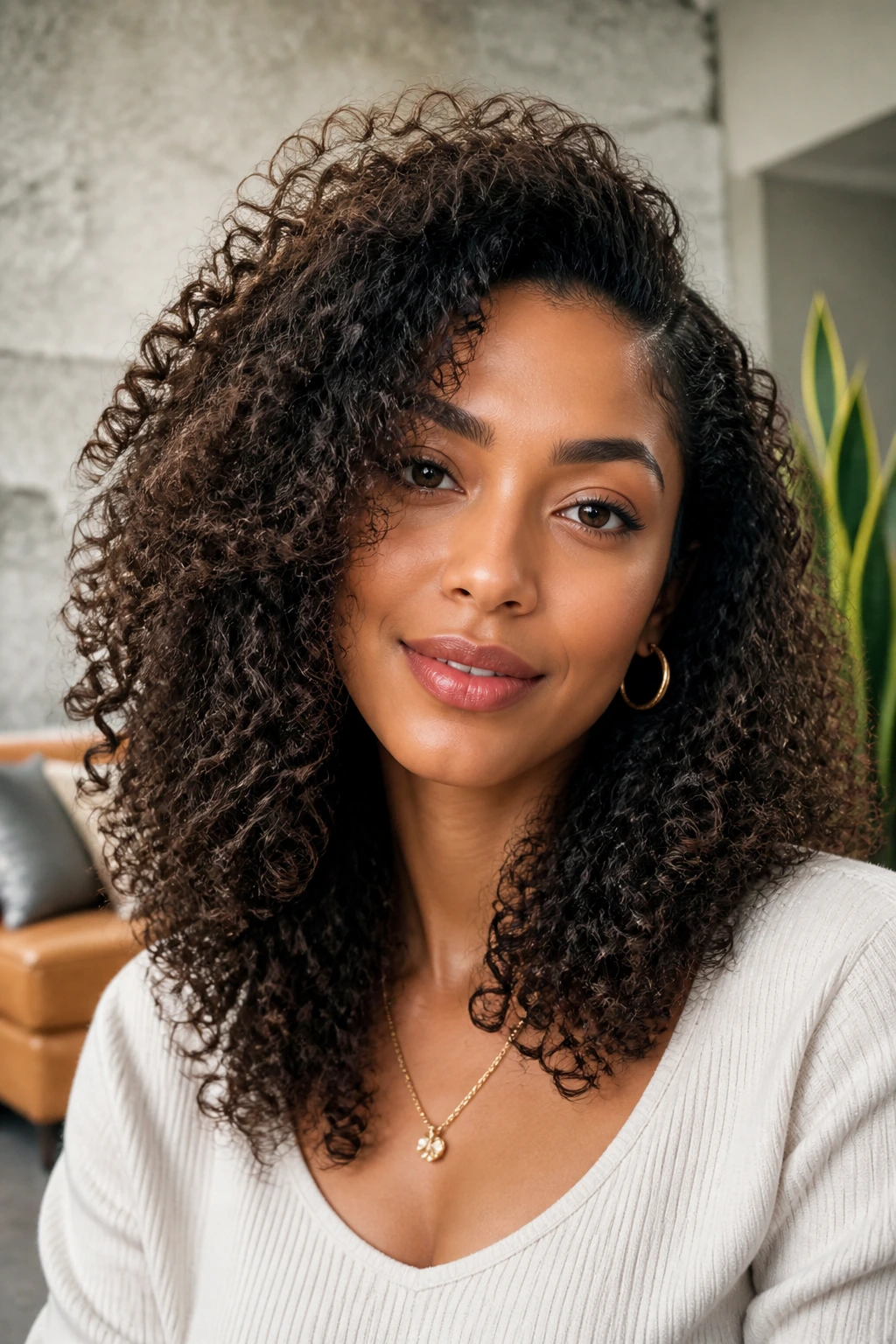Close-up of a person with side-part layered 3b curls, crown lifted