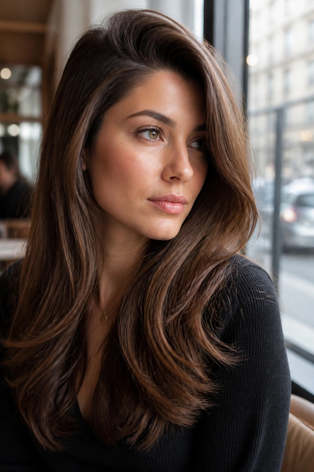 Close-up of a real woman with a deep side part and sweeping layers in natural light