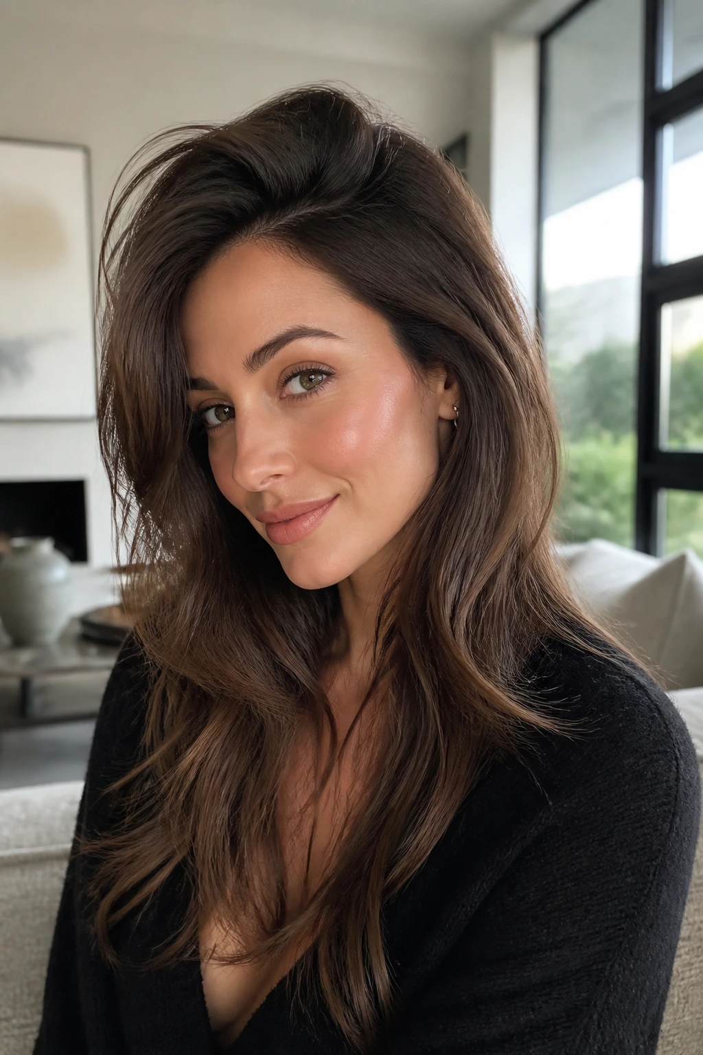 Real person with side-part layers showing root lift and face-framing sweep.
