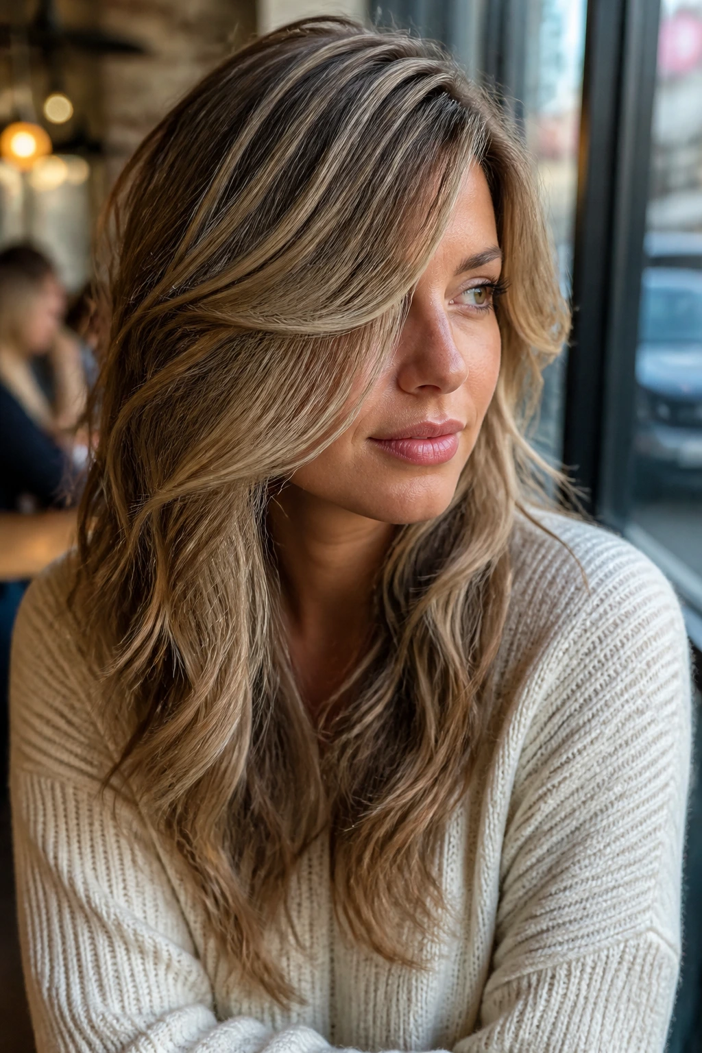Portrait of a real woman with side-parted layered waves sweeping across her face