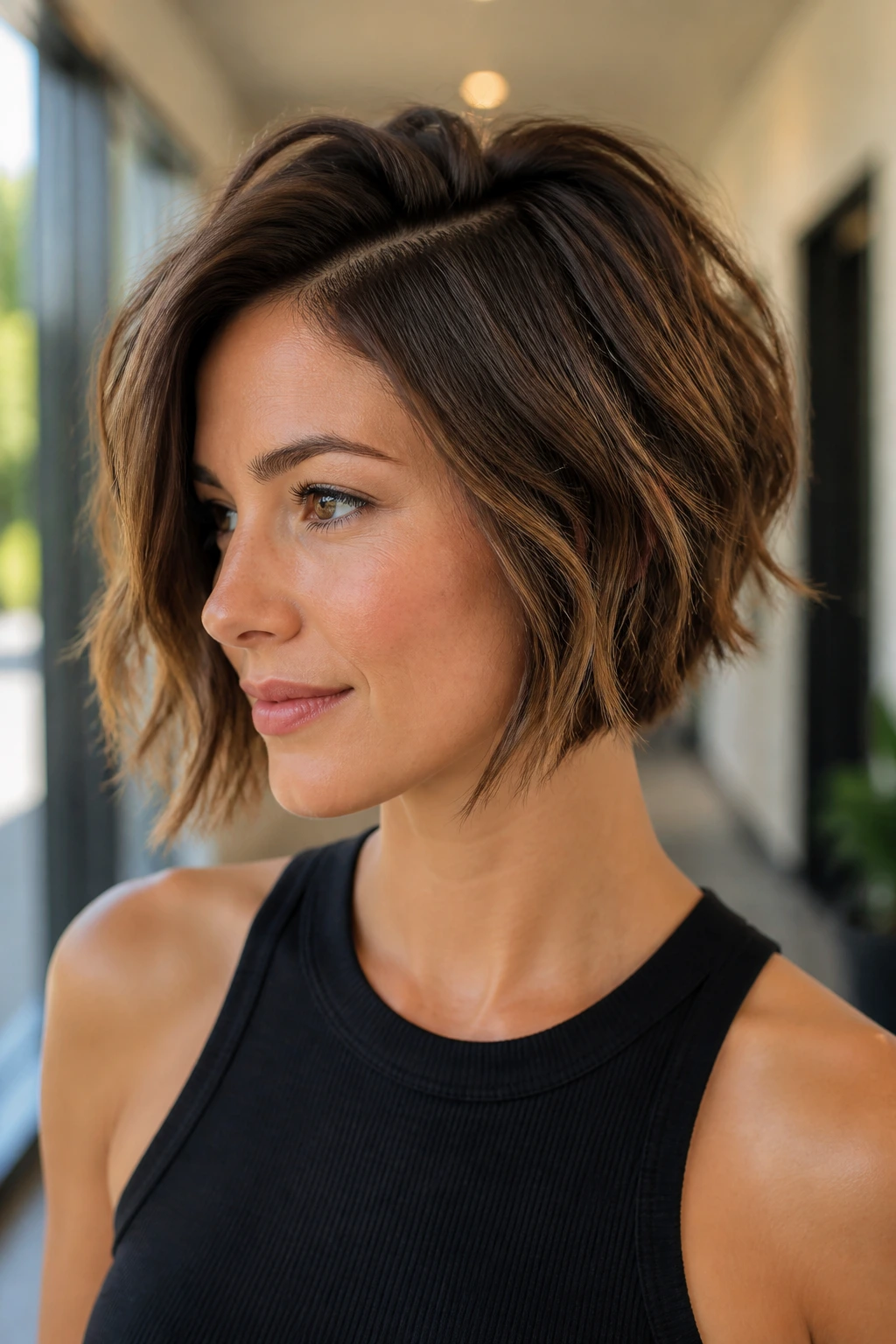 Close-up of a side-part choppy bob with lift on a thick-haired woman.