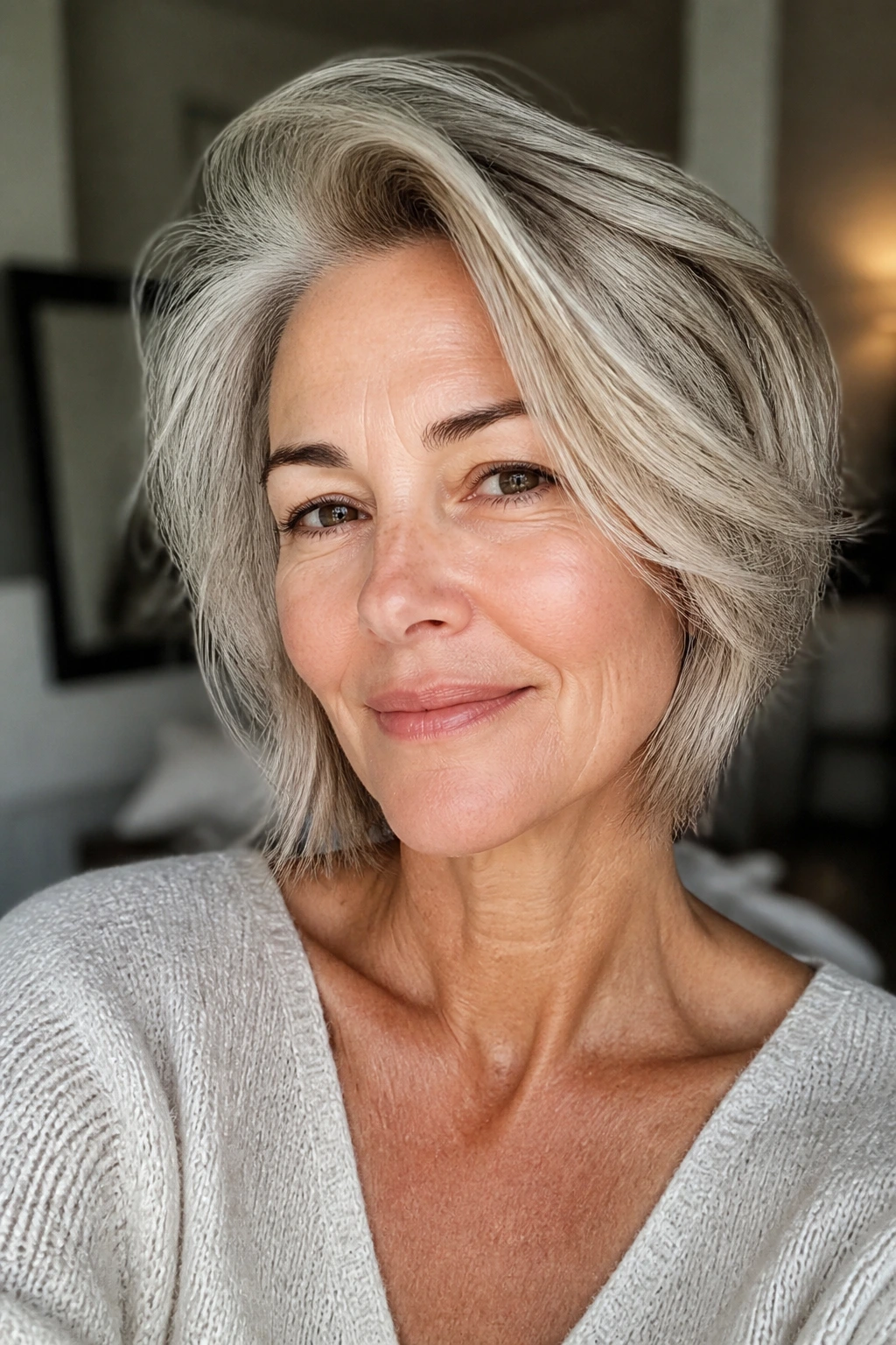 Close-up portrait of a real woman with side-part lift shag, off-center part and crown lift