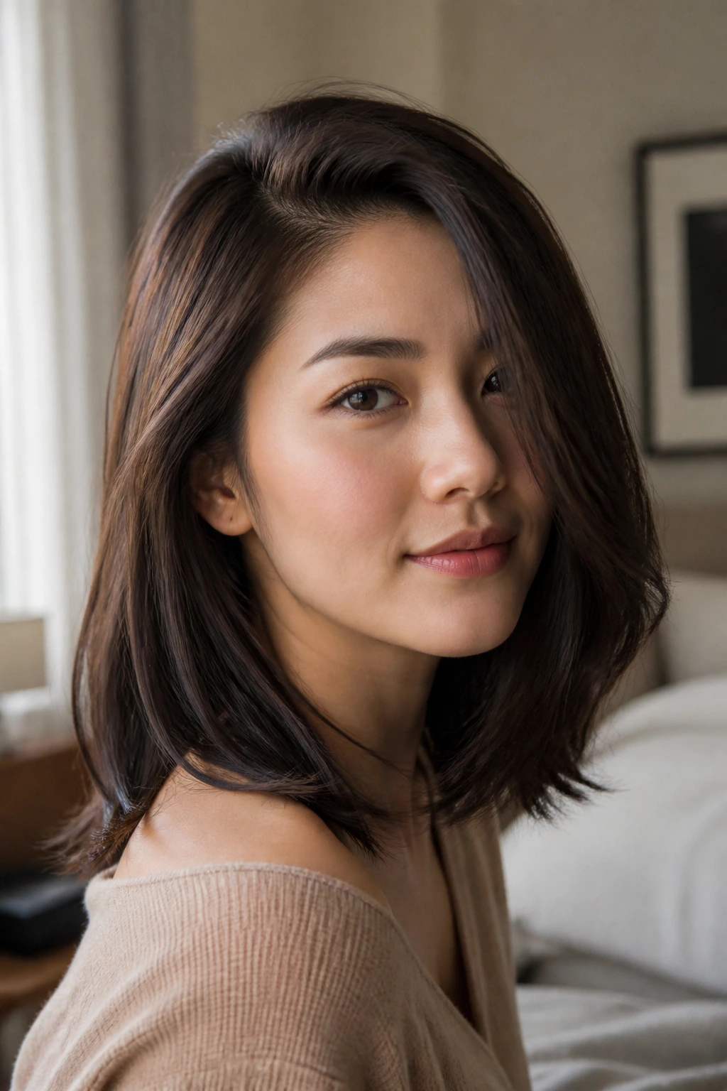 Close-up of a real woman with a side-part lob framing the cheekbones