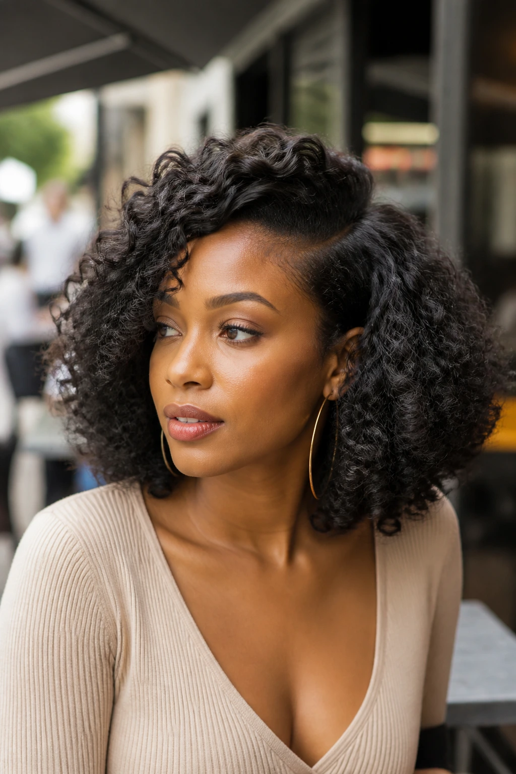Portrait of a real person with side-part lob hairstyle
