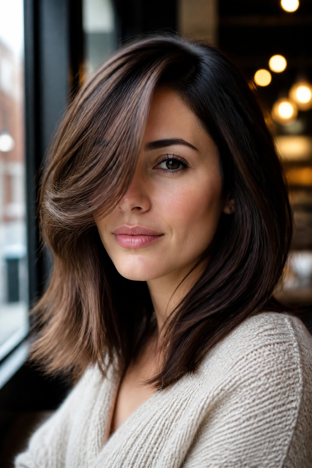 Real woman with deep side-part lob and sweeping long fringe framing the face