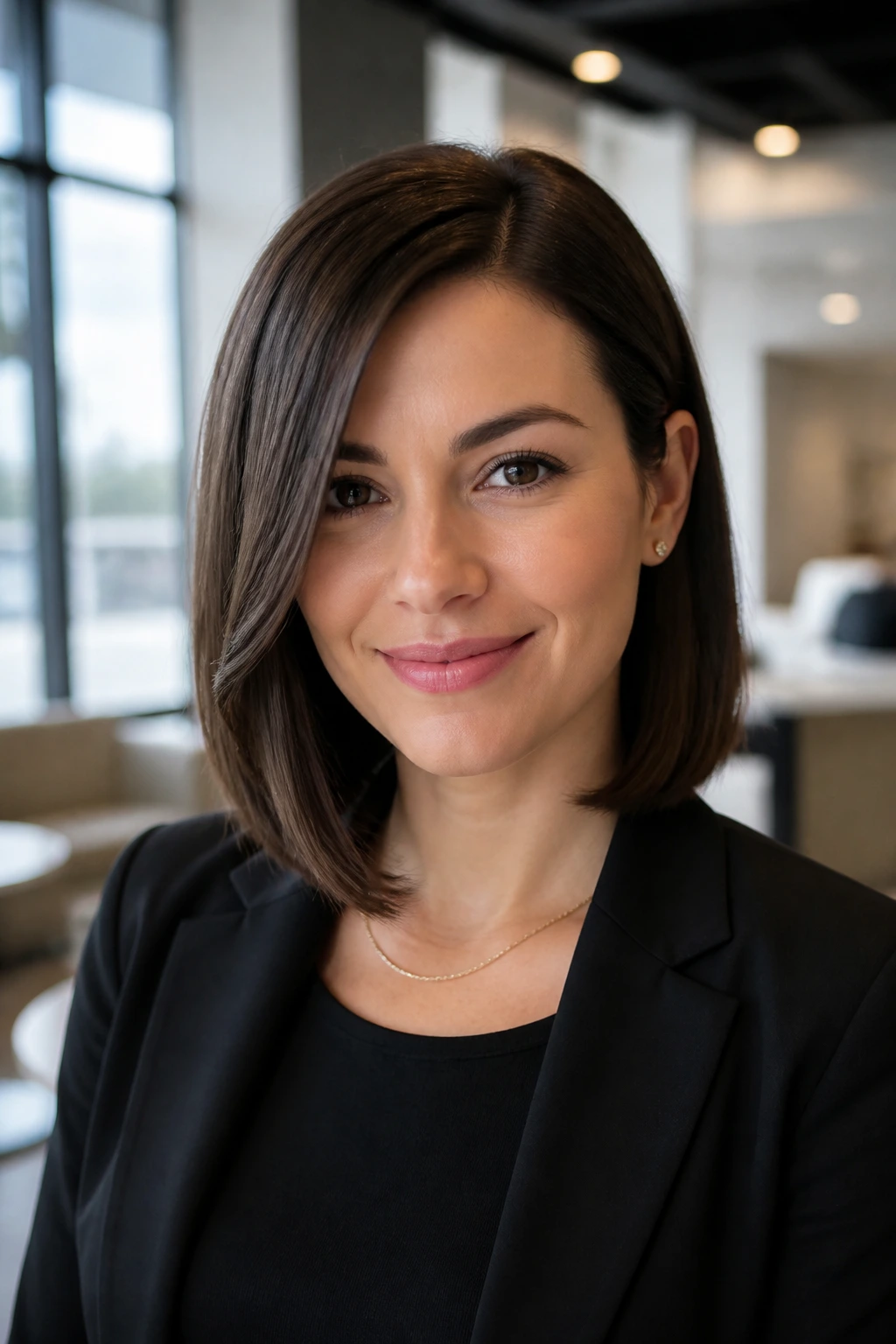 Portrait of a woman with side-parted lob and subtle bend under jaw in office window light