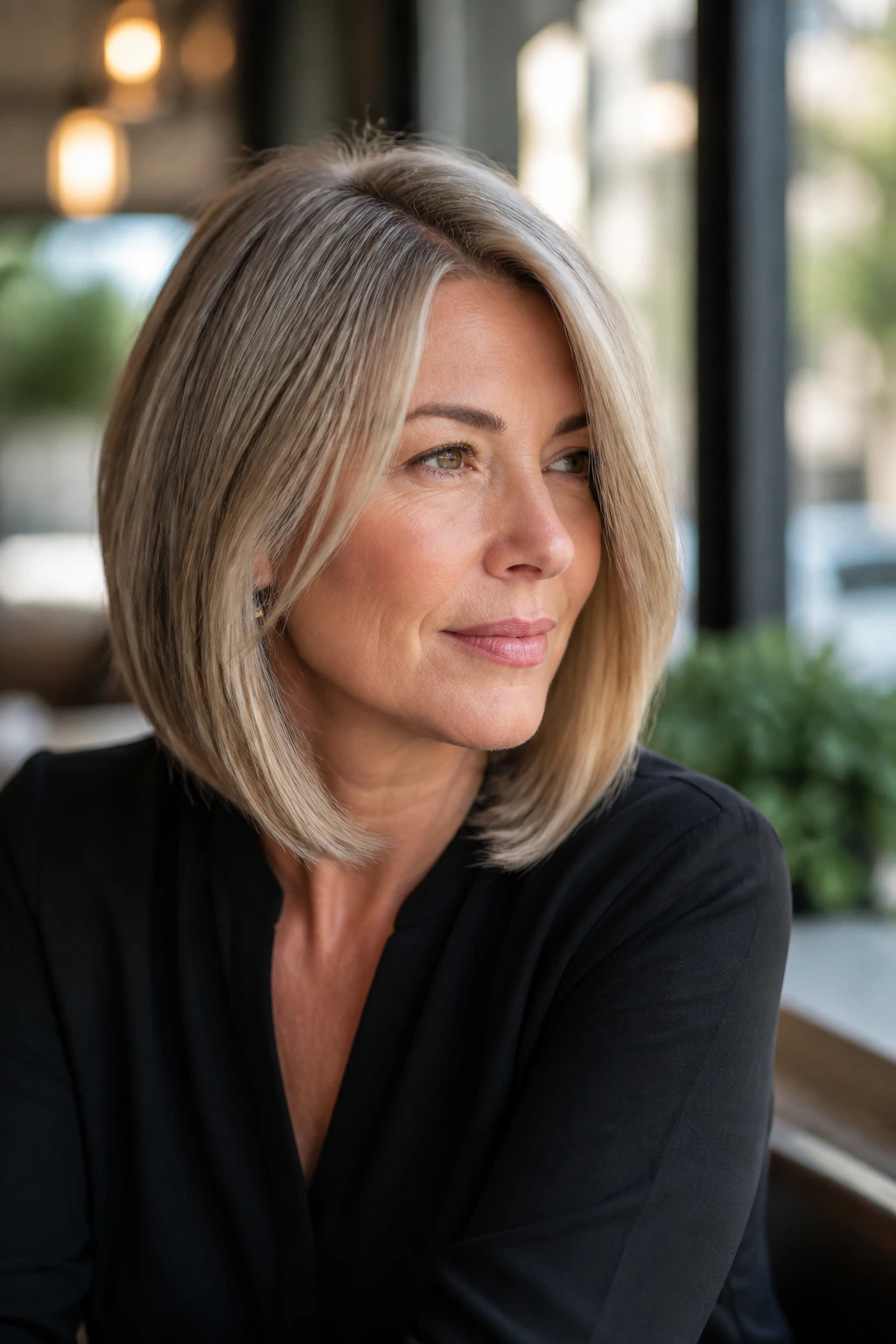 Real woman with side-parted long bob and cheekbone-framing pieces