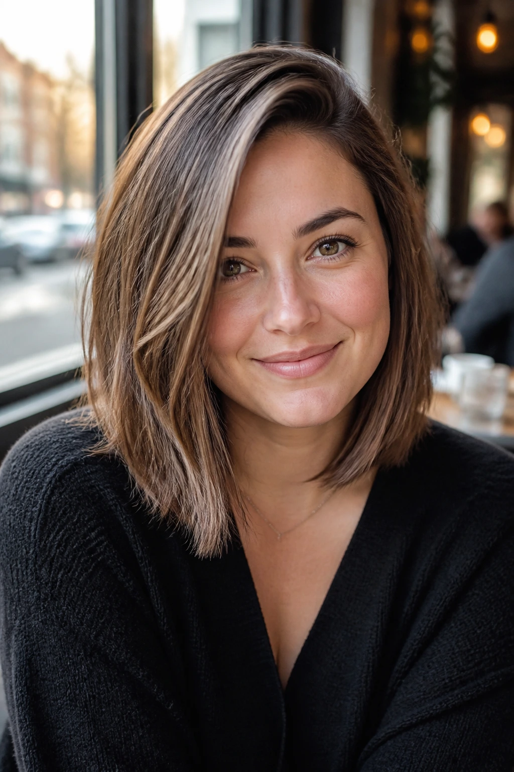 Portrait of a woman with side-part lob for round face by cafe window