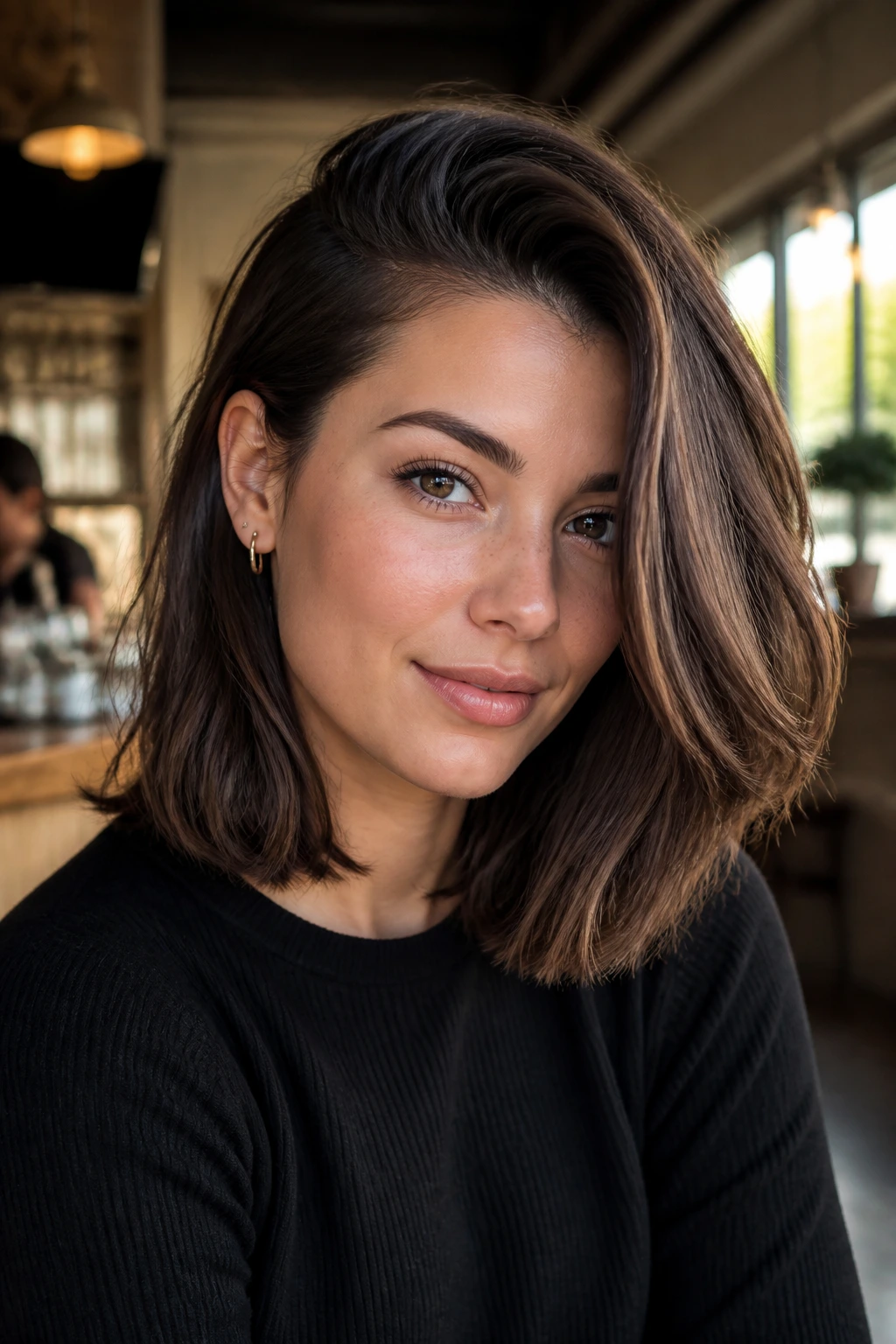 Real person with a strong side-part swept lob in a cafe setting
