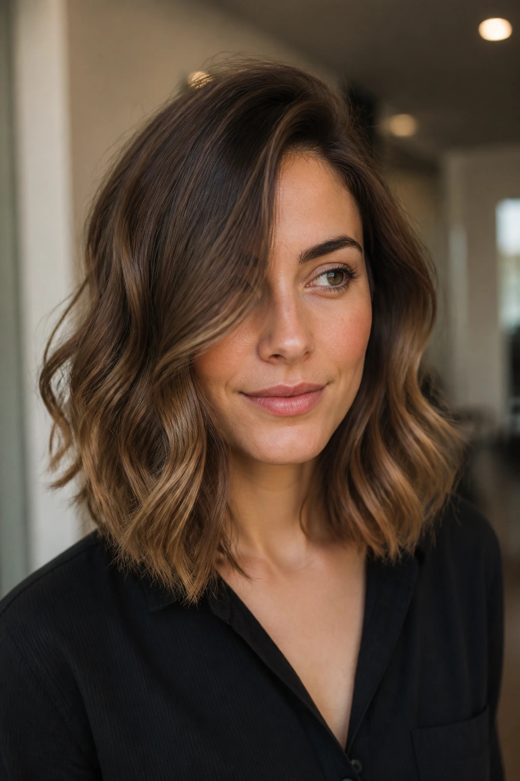 Portrait of a woman with a side-part lob showing crown lift and side-swept waves